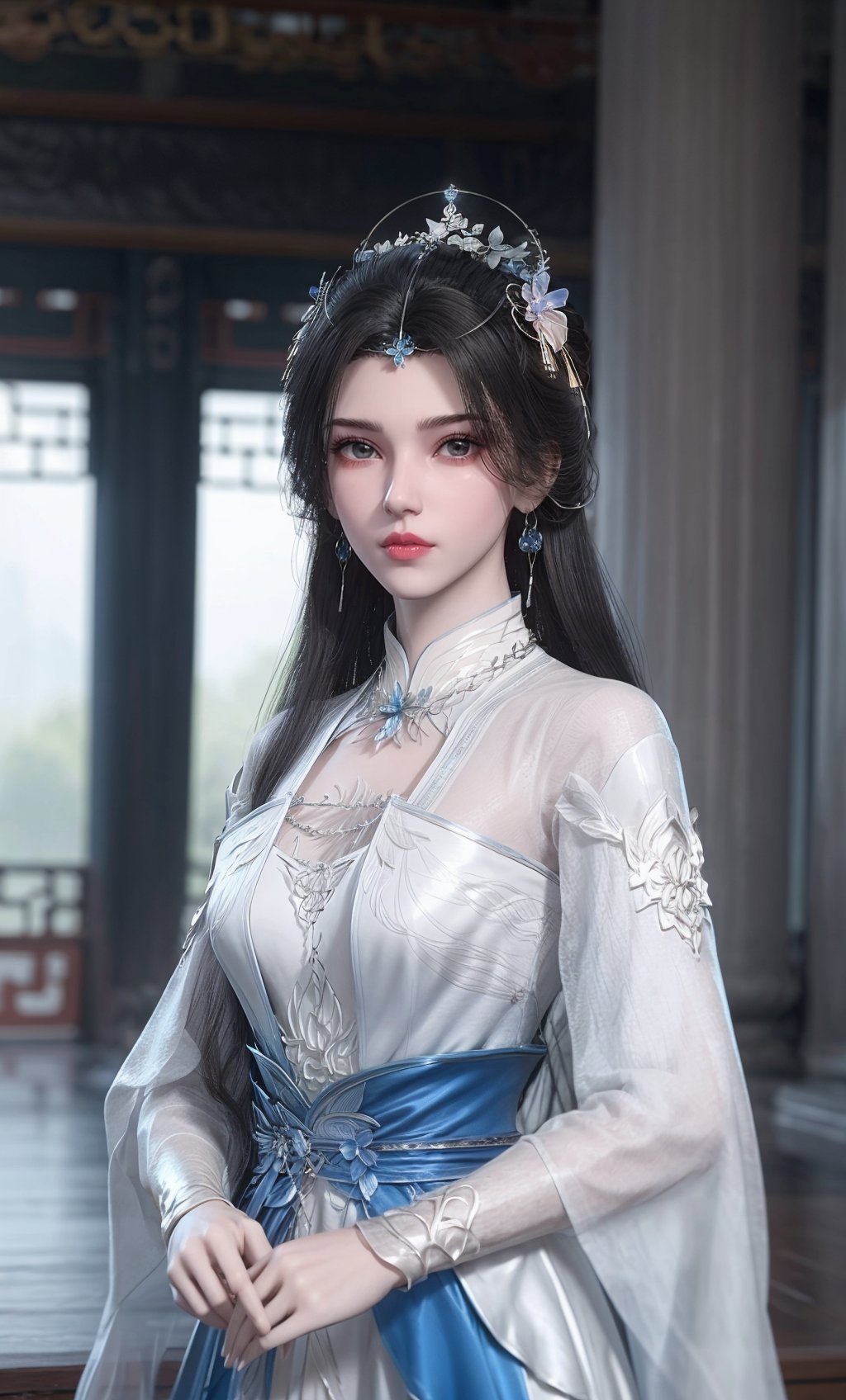 ,,masterpiece,(best quality),official art,extremely detailed cg 8k wallpaper,(extremely delicate and beautiful),,solo,realistic,photo_\(medium\),portrait,facial tattoo,(chinese clothes,, gown, jewelry , long hair,white gown,blue gown, long sleeves),adfxx,1girl,portxx,solo,earrings,flowerhair bun,hair flower,black hair,hair ornament,realistic,<lora:40muwan_v4.0:0.7>,adfxx,