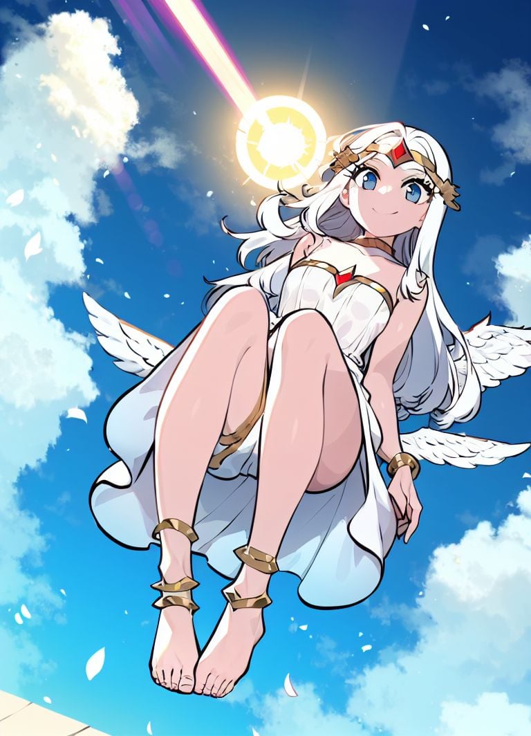 flying,masterpiece, ssambatea, 1girl, <lora:Ssambatea-46:1>,full body, (angel wings:1.2),angel, white dress, long dress, gold, anklet, bare feet, very long hair, white hair, floating hair,  circlet, sun, lens flare, clouds, blue sky, from below, reaching out, looking at viewer, smile, side slit