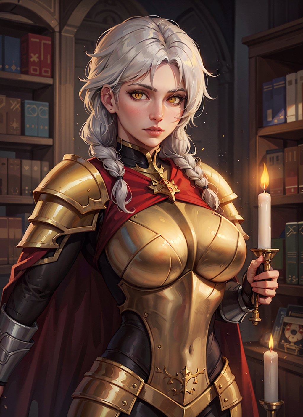 1girl, portrait of beautiful paladin lady, athletic, white hair, braid, yellow eyes, glowing eyes, golden armor, red cape, looking at viewer, castle indoors, candles, bookshelf, volumetric lighting, best quality, masterpiece, realistic