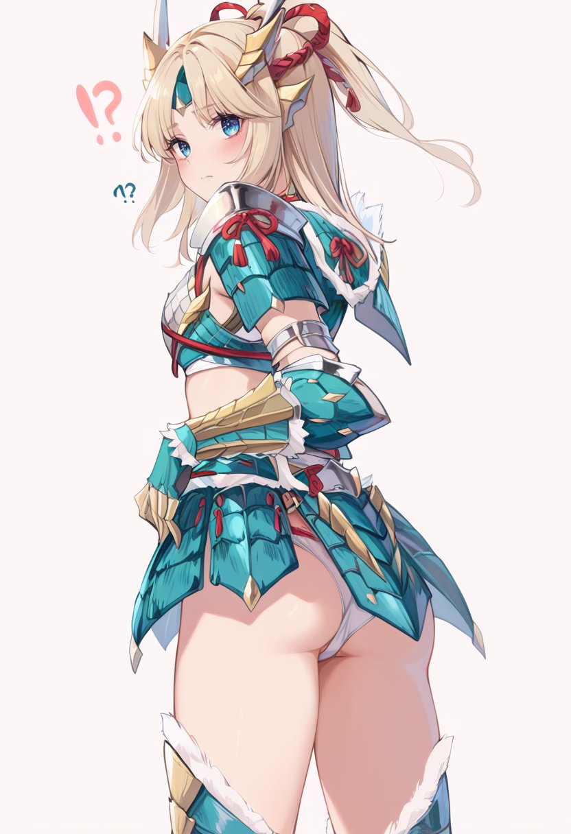 (score_9:0.9),score_8_up,score_7_up,rating_safe,anime style,(zPDXL),<lora:Zinogre armor ponyXL v2:0.93>,Zinogre armor,cyan gauntlets,1girl,ass,underwear,panties,white panties,blush,white background,looking at viewer,simple background,bangs,closed mouth,long hair,standing,...?,