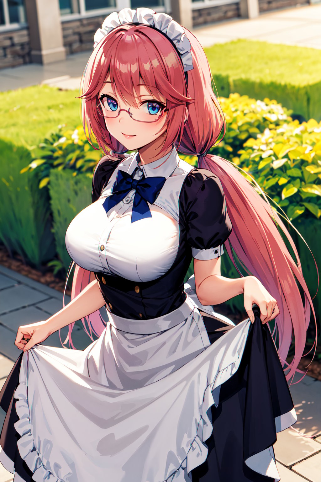 masterpiece, best quality, highres, 1girl, solo, long hair, pink hair, low twintails, blue eyes, glasses, large breasts, <lora:sakura_airi_v1:0.7>, maid, maid headdress, smile, garden, skirt hold,