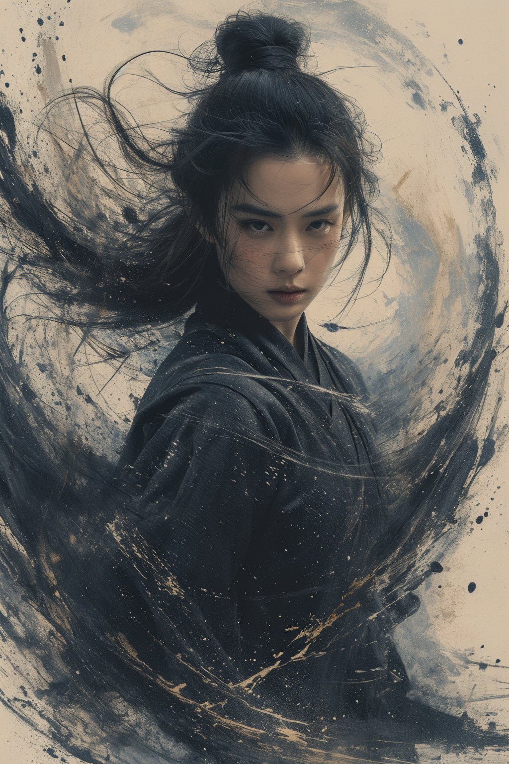 sdmai, wuxia, Chinese ink painting, artistic ink painting, Chinese martial arts films, wearing black robes, fighting posture, cinematic grandeur, splashing details, wild and powerful, solo, black hair, 1girl, looking at viewer, black eyes, hair bun, single hair bun <lora:SDMAI武侠wuxia:0.8>