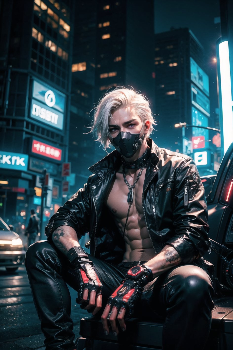 "dark theme :: closeup face focus, ultra realistic futuristic cyberpunk muscular male white hair sitting :: cyberpunk face (cyber eyes) :: cool cybernetic punk jacket red neon eyes :: shirtless:: mechanical intricate mask :: natural lighting :: bokeh :: 8k :: best quality :: masterpiece :: futuristic cityscape background"