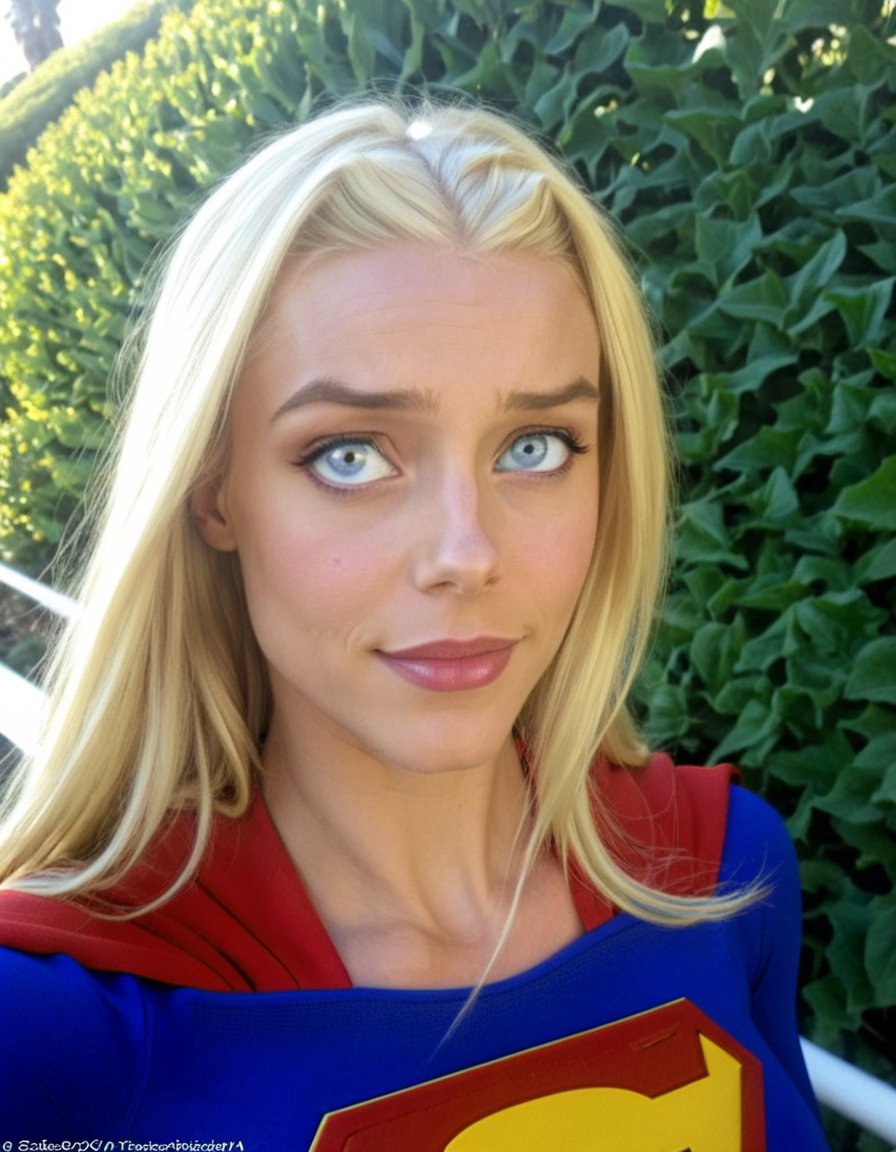 Selfie photo, <lora:C006B8F3A3:1> kara-zor-el, blonde hair, dark skin, blue eyes, supergirl costume, on holiday, supergirl emblem