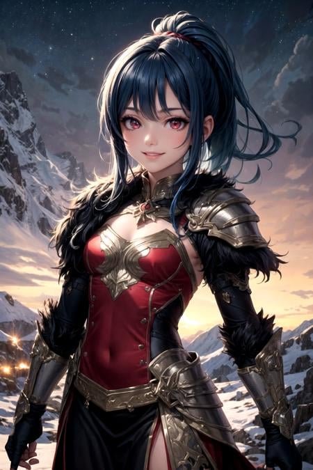 vibrant colors, girl, masterpiece, sharp focus, best quality, depth of field, cinematic lighting, ponytail, blue hair, red eyes, fur armor, mountain, bright smile, night sky,<lora:more_details:0.5>