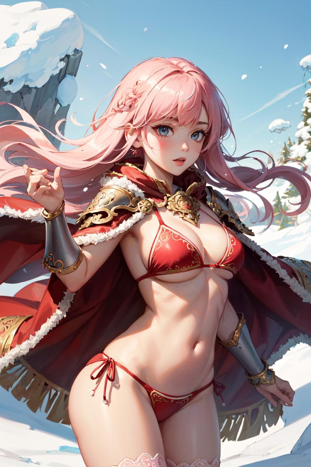 (masterpiece, best quality, hires, high resolution:1.2), (beautiful, aesthetic, perfect, delicate, intricate:1.2), (cute, adorable), (depth of field:1.2), (1girl, solo), (a sexy barbarian female warrior), (pink hair:1.4), (long hair, thick braid), (windy hair), (ornate delicate red bikini armor:1.4), (furr red cloak:1.3), (lace stockings), (at snow montains), (snow, ice, snow drop), (dynamic pose), (cowboy shot:1.4),