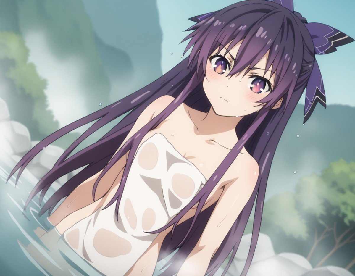 score_9, score_8_up, score_7_up, source_anime,tookayatogami, <lora:tooka-yatogami-s4s5-ponyxl-lora-nochekaiser:1>,tooka yatogami, hair ribbon, purple eyes, purple hair, long hair, ribbon,nude, naked, outdoors, onsen, towel, naked towel, steam, bathing, nude cover, partially submerged, water, bath, steam censor, wet towel, blush,looking at viewer, solo, cowboy shot, dutch angle,