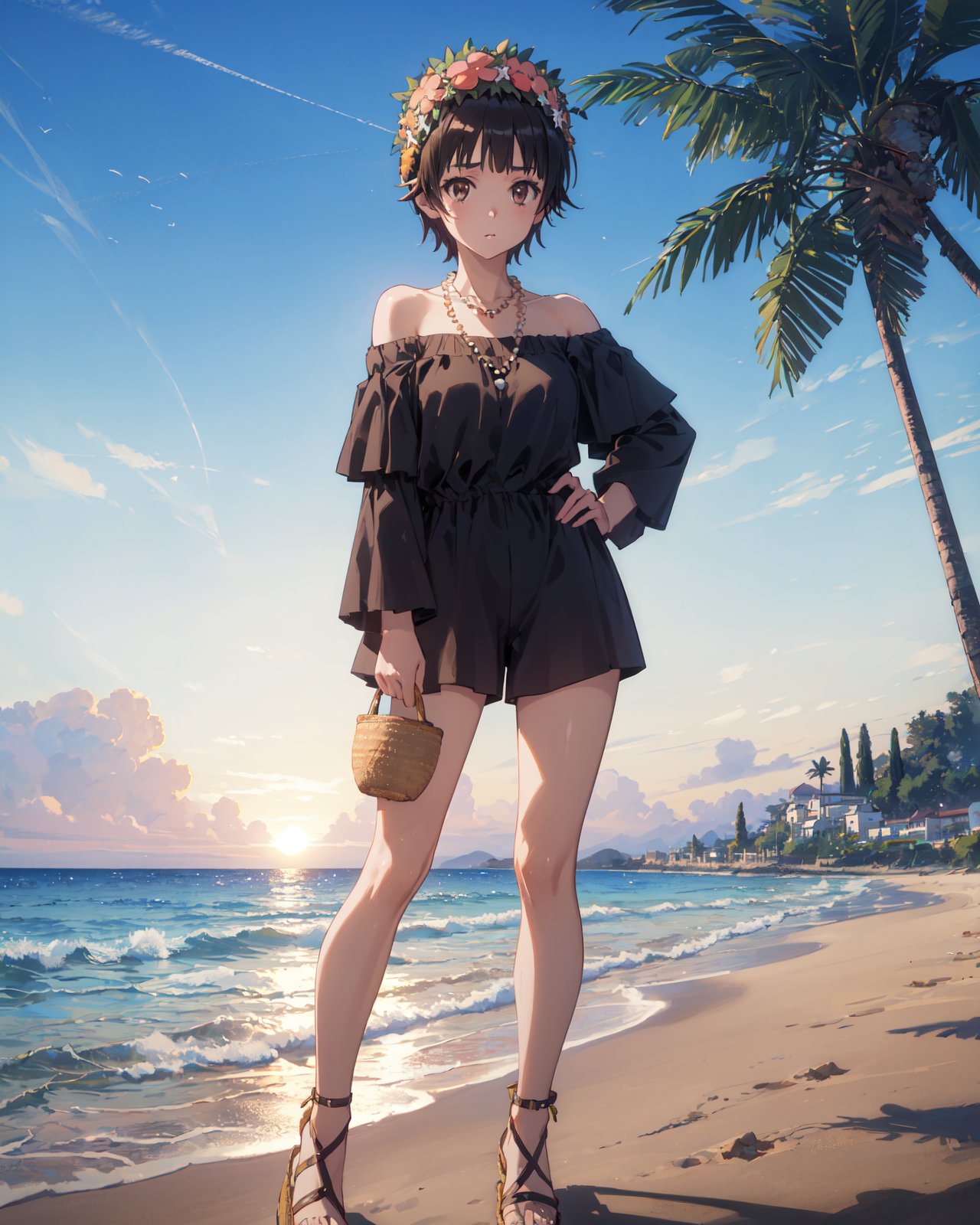 <lora:Uiharu-000007:0.8>,Uiharu CYQL,1girl,looking at viewer,solo,short hair,black hair,brown eyes,head wreath,flower,hair flower,(Off-the-shoulder_romper:1.5),(Straw_wedge_sandals:1.4),(Shell_necklace:1.3),(Beach_background:1.3),Olive trees,Terra cotta pots,Sun-kissed orchard,Evening hues,Mediterranean landscape,Olive harvest,beautiful detailed sky,beautiful detailed glow,posing in front of a colorful and dynamic background,masterpiece,best quality,beautiful and aesthetic,contrapposto,female focus,wallpaper,