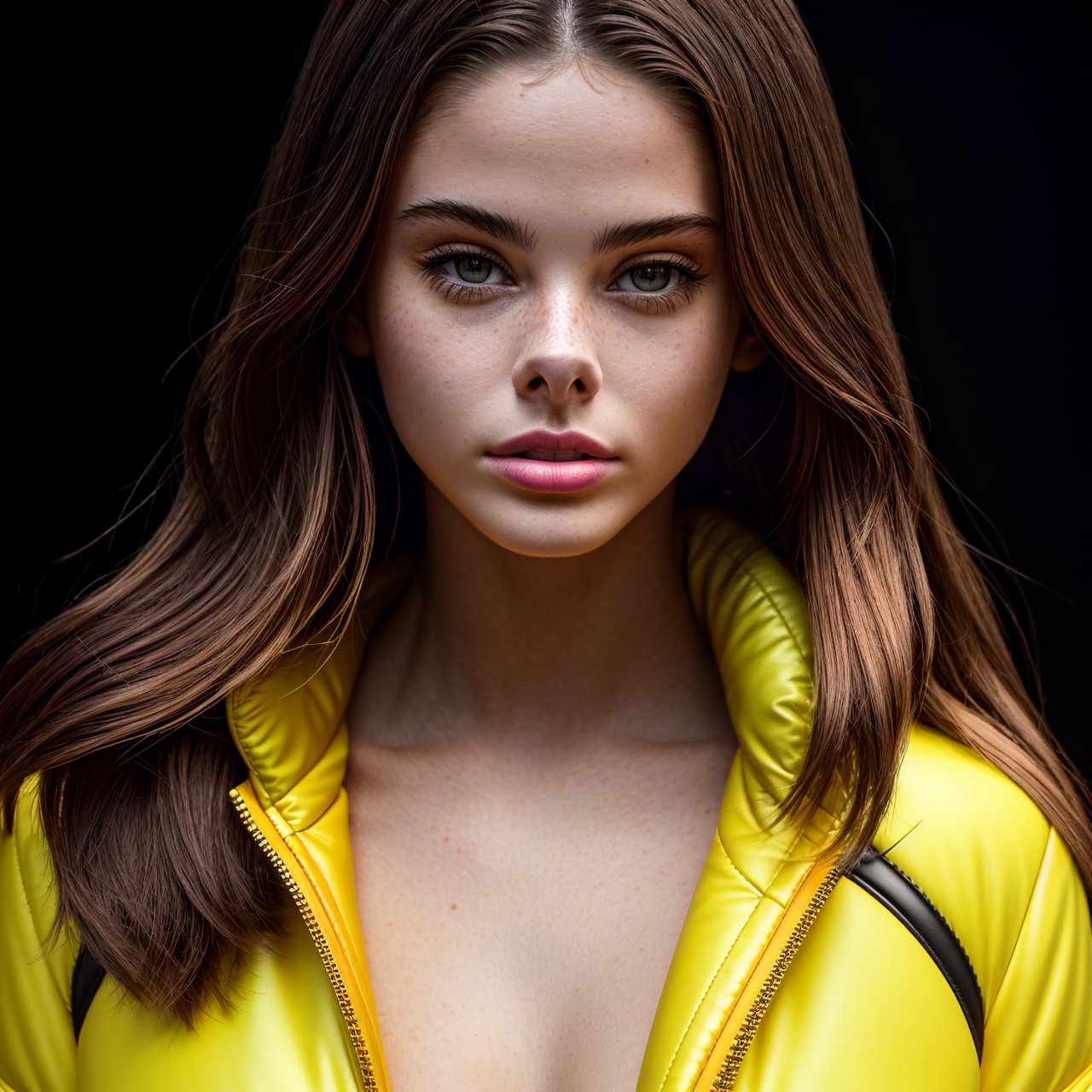 extra resolution distant short, full body portrait of stunning (AIDA_LoRA_MeW2023:1.03) <lora:AIDA_LoRA_MeW2023:0.96> in (simple bright yellow jacket:1.1), [stunning woman], pretty face, naughty, funny, happy, playful, intimate, flirting, dramatic, insane level of details, kkw-ph1, (colorful:1.1), (studio photo:1.1), (simple black background:1.1)