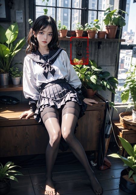 Epic CG masterpiece, an anime girl in a room with plants, no shoes, Black transparent pantyhose, pleated skirt, Sailor suit, sailor collar, in the style of photorealistic urban scenes, applecore, sandalpunk, high-angle, vacation dadcore, solarizing master1girl,  Milky skin, (shiny skin:1.4)，silk stockings，to lie down，<lora:绪儿-阳光少女 window:0.8>