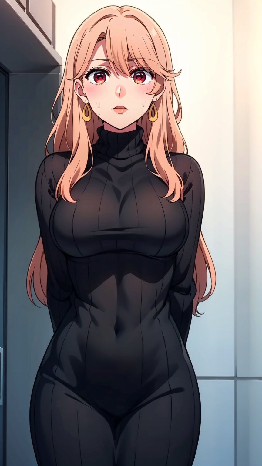 masterpiece, best quality, high resolution, highly detailed, HDR, intricate detail, ultra detailed,BREAK<lora:miyako saitou_moewaifu974:0.7>( long hair:1.3)_strawberry-blonde hair_(red eyes:1.3)_earrings,BREAK(from_below:1.3)_ (cowboy_shot:1.4)( arms behind back:1.5)_ looking_at_viewerBREAK(medium breast:1.2)BREAK(black color ribbed sweater long dress_sweater_turtleneck_long sleeve:1.4)