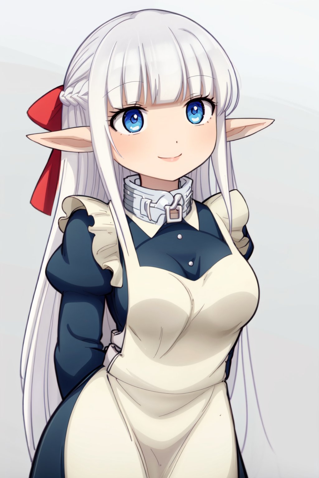 1girl, (masterpiece:1.3), (high resolution), (8K), (extremely detailed), (4k), (pixiv), perfect face, nice eyes and face, (best quality), (super detailed), detailed face and eyes, (solo), textured skin, absurdres, highres,  <lora:more_details:0.5>,  <lora:nephelia-10:0.7> nephiliawz, pointy ears, blue eyes, very long hair, white hair, elf, large breasts, apron, maid, collar, braid, dress, long sleeves, frills, blunt bangs, hair ribbon, standing, arms behind back, nature, smile, cowboy shot,  <lora:hospital_king_style:1> hospital_king_style