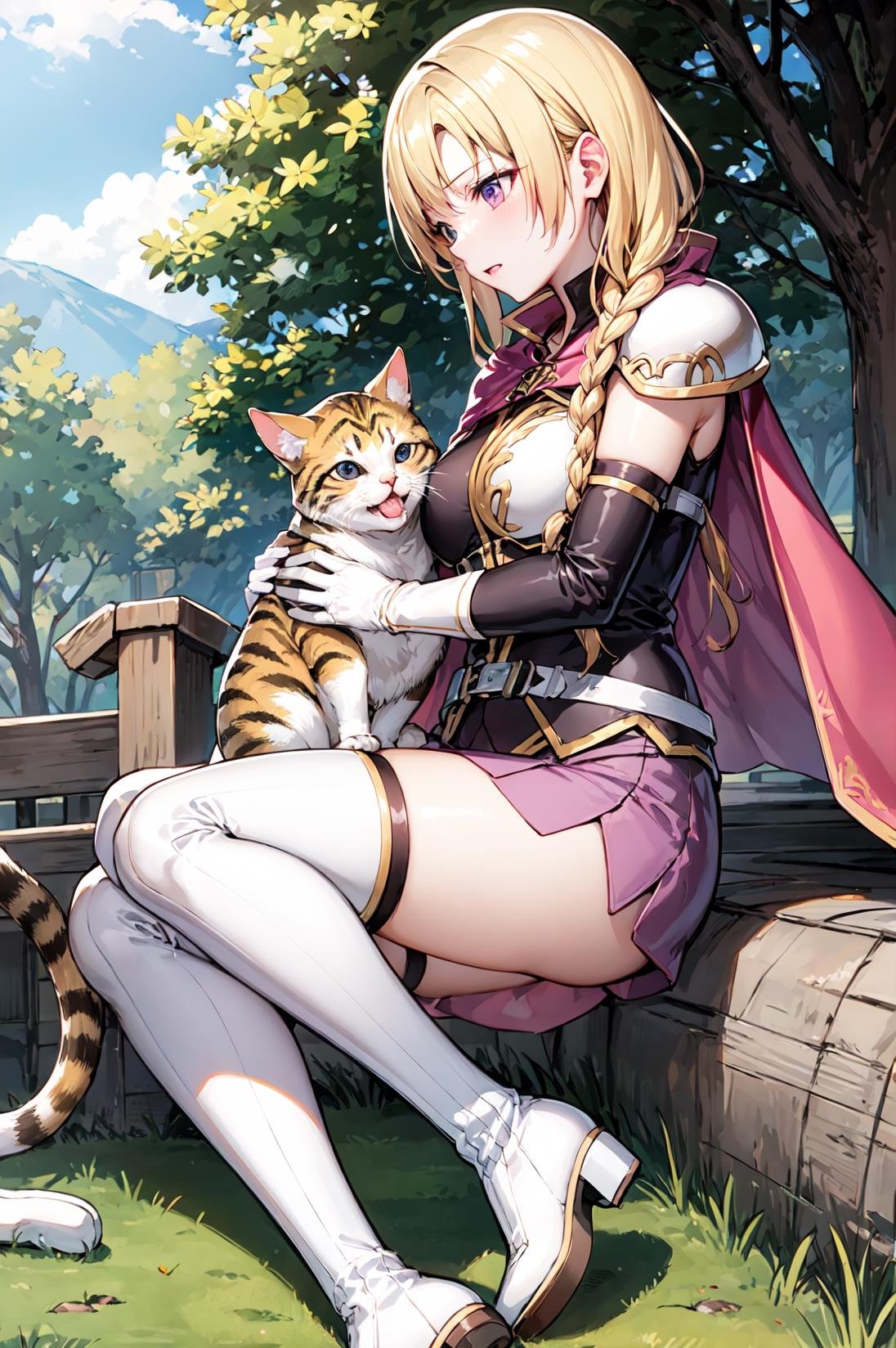 Pretending to cradle a cat,heads together,on side, <lora:louiseV1:0.8>,def_louise,blonde hair,  zettai ryouiki, gloves, thighhighs,  boots, cape, thigh boots, elbow gloves,white footwear, shoulder armor,belt, skirt, asymmetrical gloves, short dress, breastplate, white gloves, dress,outdoors,(masterpiece, best quality, ultra-detailed, best shadow) ,