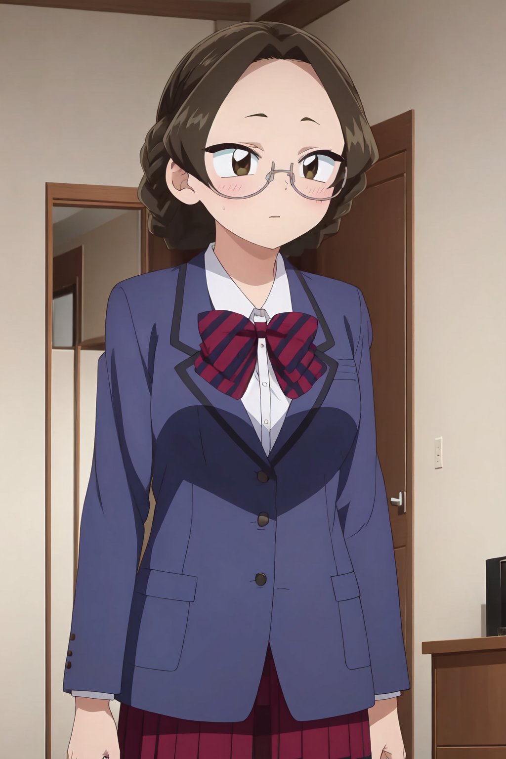 Mikuni Katou, (8k, HD), 1girl, solo, blush, short hair, brown hair, shirt, bow, brown eyes, school uniform, jacket, braid, glasses, bowtie, blazer, blue jacket, semi-rimless eyewear, under-rim eyewear, door<lora:EMS-468290-EMS:0.800000>