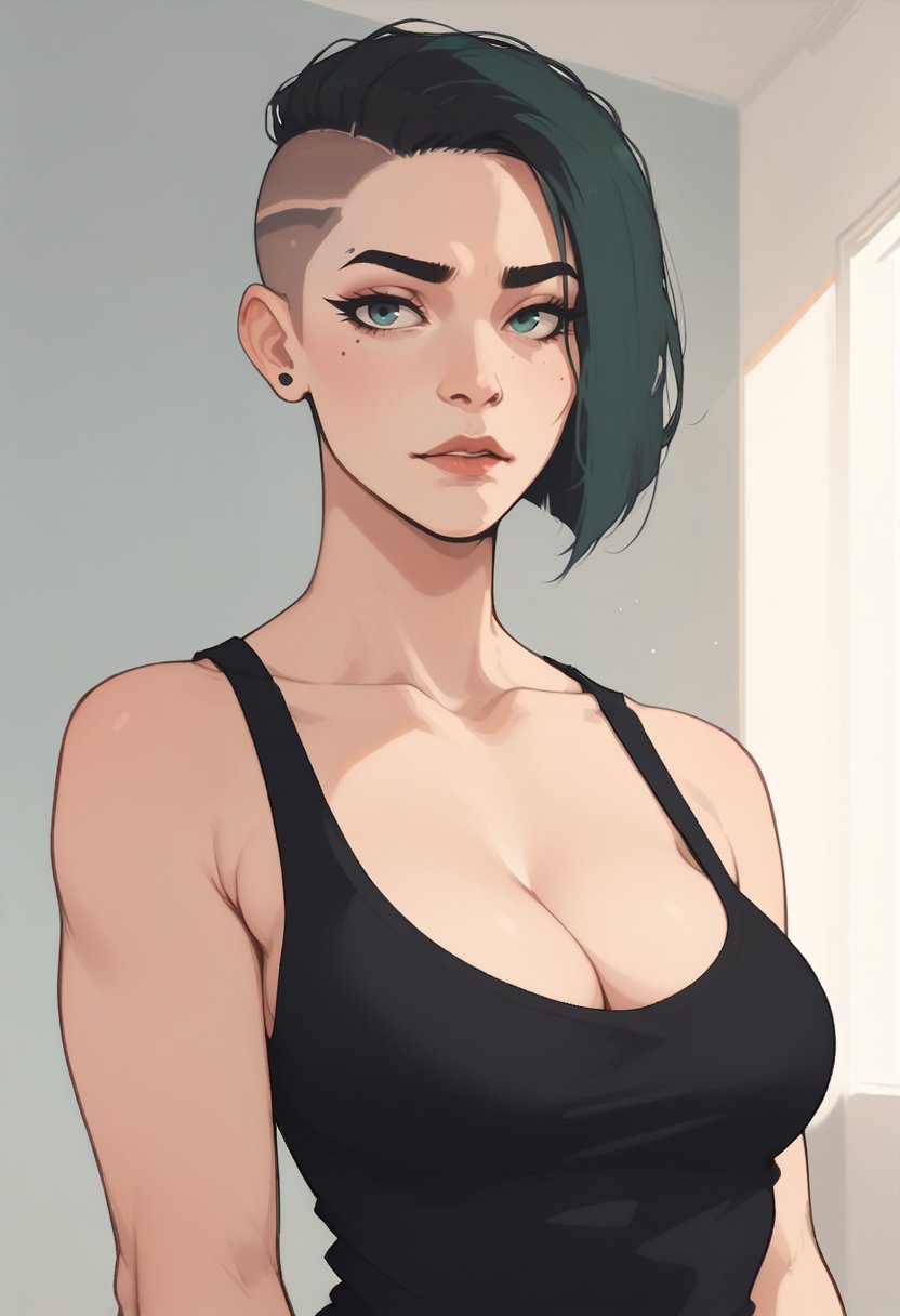 score_8_up, woman, buzz cut, cleavage<lora:NoctFlatStyleV2:1> 