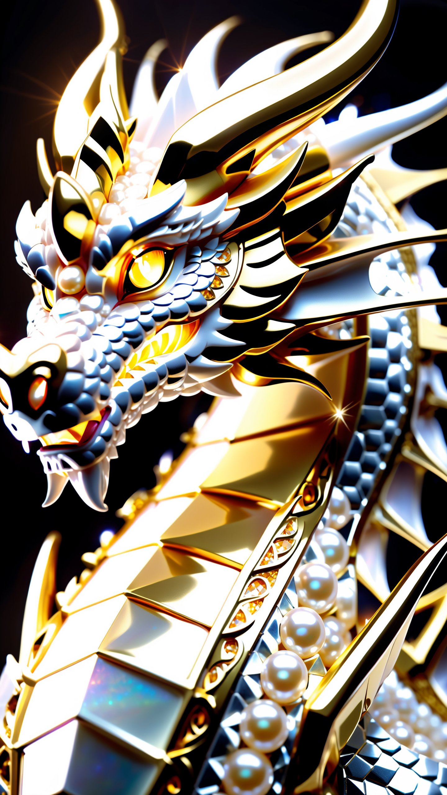 gleaming diamond dragon with golden accents, radiating light, amidst brilliance, symetrical hyperdetailed texture, pearl filigree, concept art, artstation,  perfect composition, masterpiece, glittering professional photography, macro, natural lighting, canon lens, shot on dslr 64 megapixels sharp focus ethereal