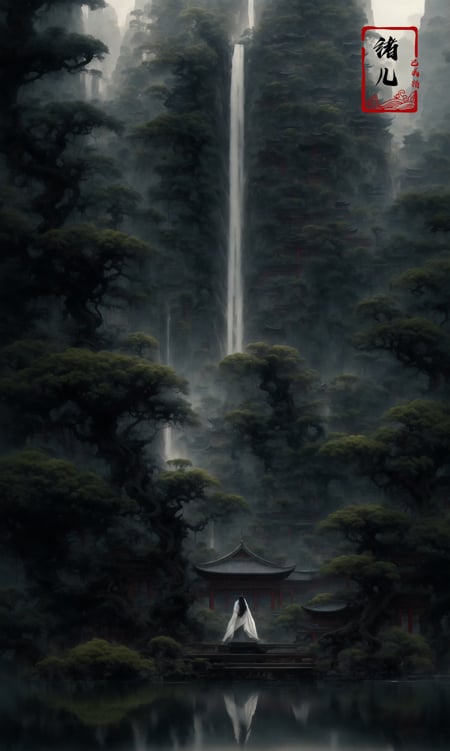 an painting in a style of oriental painting, in the style of matte painting, layered and atmospheric landscapes, rich and immersive, quiet contemplation, dark white and green, history painting, zen-inspired, grandeur of scale，highly detailed, dynamic, cinematic, stunning, realistic lighting and shading, vivid, vibrant, 8k,octane render, unreal engine, very detailed, concept art, realistic, Cry engine, wide shot，very long hair，white hair，east asian architecture，building，pagoda，scenery，pine，tree，outdoors，bridge，water，reflection，fog，boat，pond，moss，<lora:绪儿-松 pine:0.9>