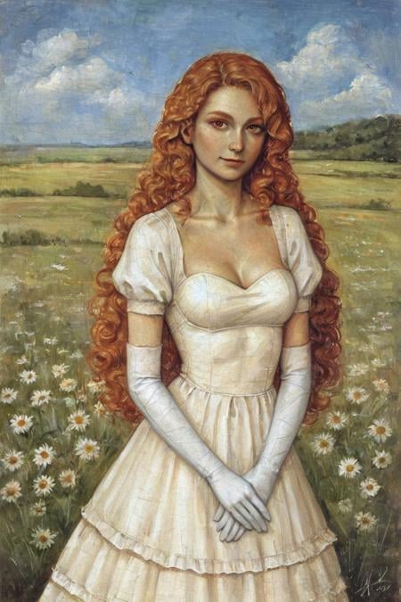 score_9, score_8_up, score_7_up, rating_safe, traditional media, realistic, 1girl, solo, long hair, curly hair, wavy hair, orange hair, orange eyes, looking at viewer, breasts, dress, white dress, puffy sleeves, puffy short sleeves, short sleeves, gloves, elbow gloves, white gloves, cowboy shot, closed mouth, standing, outdoors, field, flower, grass, plant, sky <lora:Gothic Art  Style SDXL_LoRA_Pony Diffusion V6 XL:0.8>