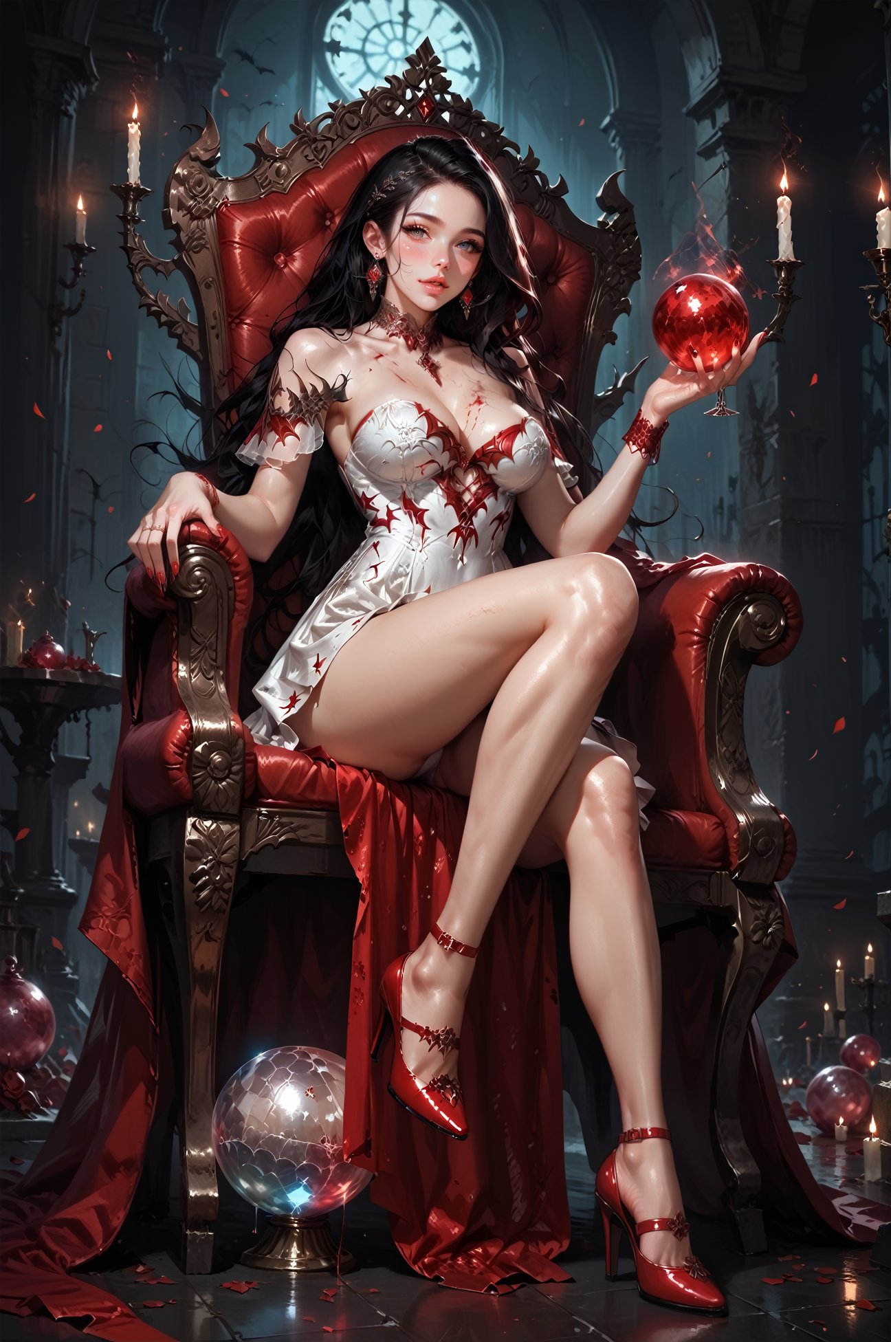 score_9, score_8_up, score_7_up, score_6_up, 1girl,sexy vampire, sitting on a throne, looking at viewer, white skin, large teardrop breasts, red eyes, cleavage, thighs, curvy, blood, candlelight, wearing heels, louboutin stilettos, fishnets, red crystal ball, bats, red particles, blood magic, close-up, long hair, <lora:LOAlut3rr4b411XL:0.85>, LOAlut3rr4b411XL, minidress, strapless,  earrings, <lora:hand 4:0.3> , <lora:sinfully_stylish_SDKL:0.5> <lora:Fant5yP0ny:0.35> <lora:Concept Art DarkSide Style LoRA_Pony XL v6:0.65> concept art, realistic, dark theme, low light, 