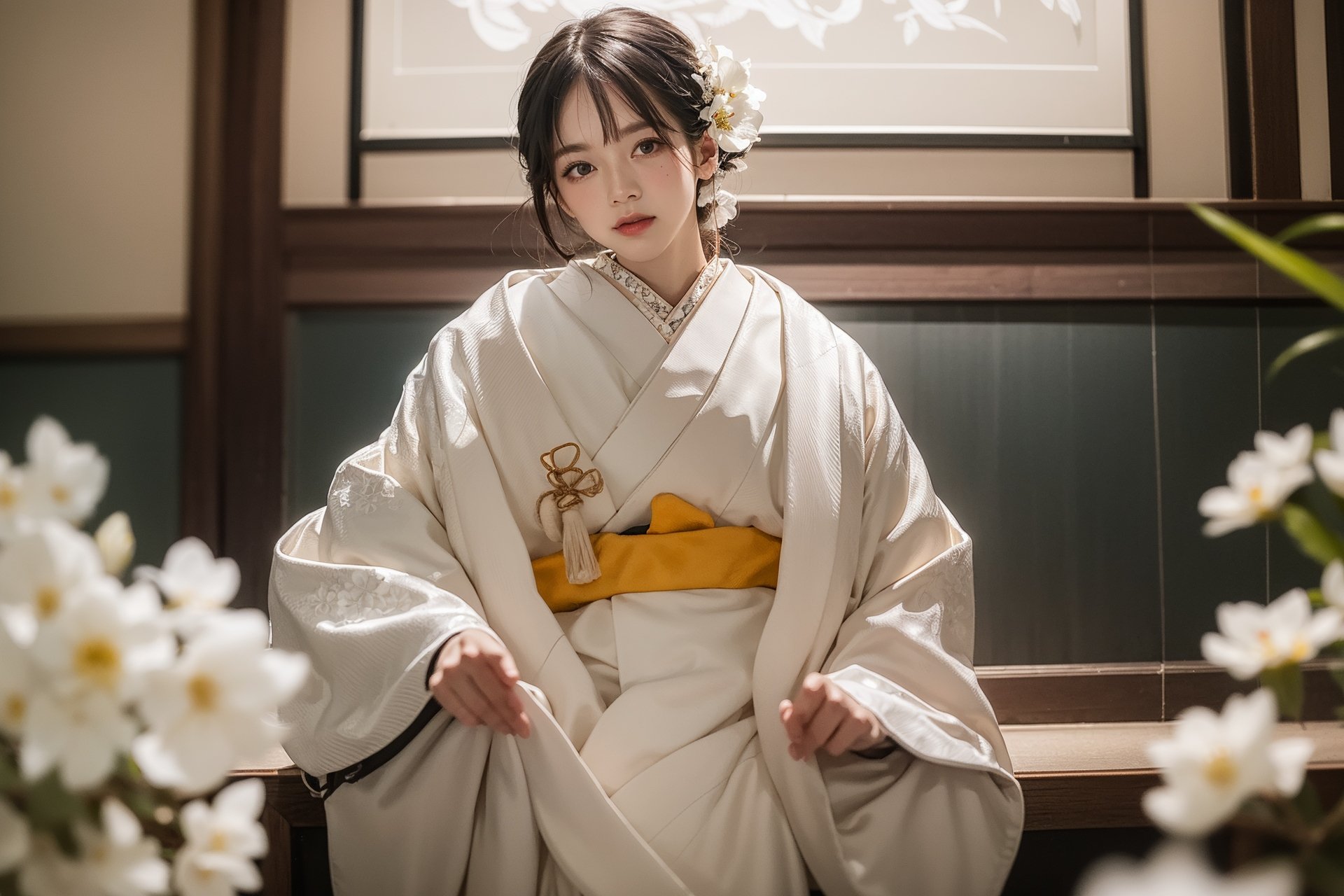 1girl, shiromuku, white kimono,white blossoms,solo,looking at viewer, soft light, sharp, exposure blend,medium shot, (hyperdetailed:1.2), (intricate details:1.2), (artstation), realistic lighting,(PureErosFace:0.7),realistic, <lora:shiromuku3:0.85><lora:aespaKarina_aespaKarinaV3:0.35:char3>