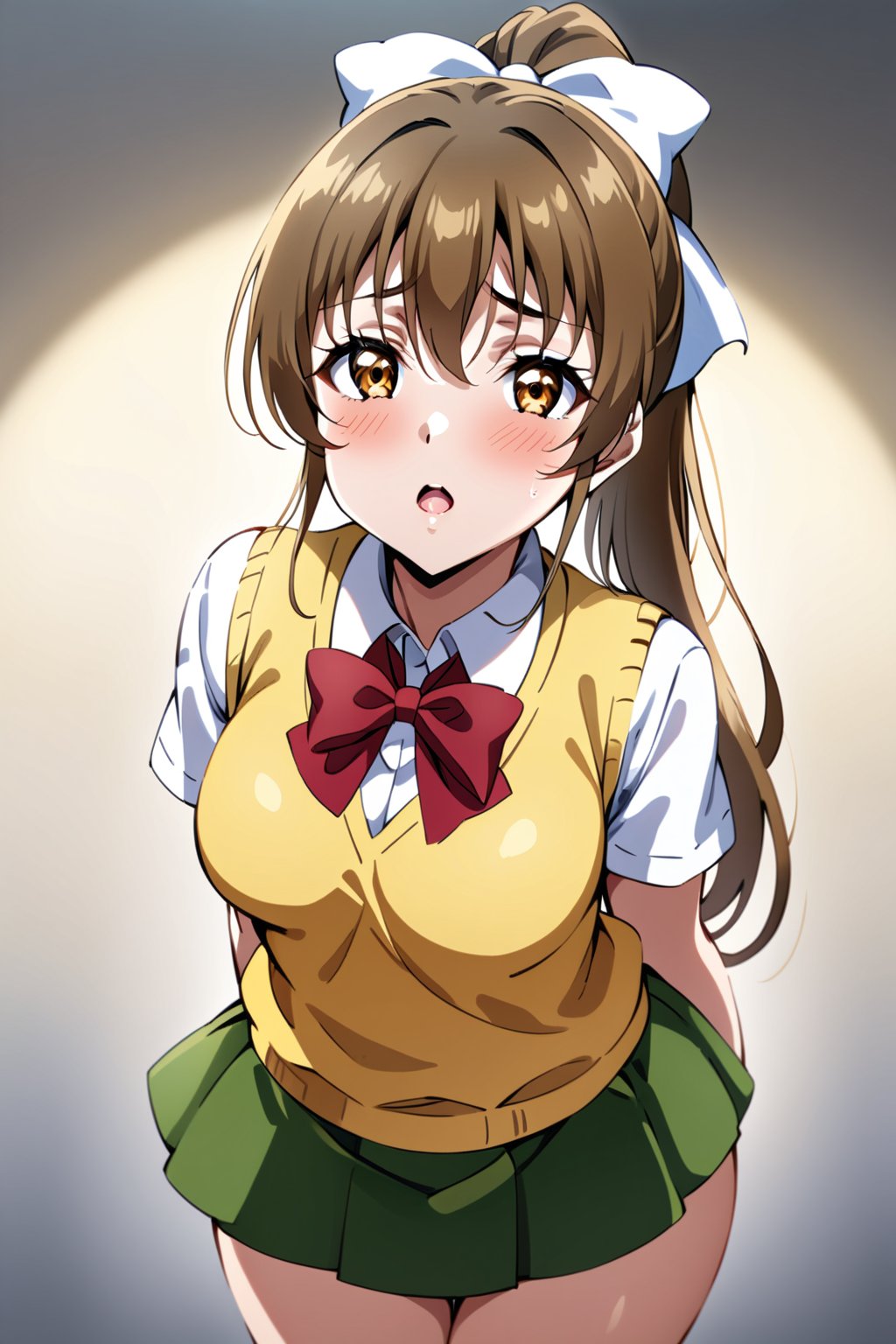 sunohara shizuka, 1girl, solo, skirt, breasts, brown hair, medium breasts, green skirt, brown eyes, sweater vest, ponytail, bow, long hair, looking at viewer, shirt, pleated skirt,white shirt, short sleeves, hair bow, bowtie, thighs, collared shirt, blush, miniskirt, red bowtie, white bow, yellow sweater vest, ribbon, parted lips, yellow vest, standing, cowboy shot, open mouth, high ponytail, hair ribbon, hair between eyes, vest, hands behind back, vibrant lighting, high contrast, dramatic shadows, highly detailed, detailed skin, depth of field, masterpiece, best quality, expressive eyes, perfect face, perfect body, beautiful girl, cute girl, <lora:sunohara shizuka ghost 731:1>