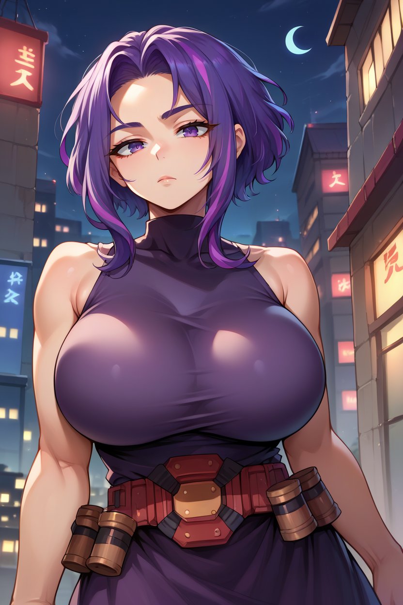 score_9, score_8_up, score_7_up, score_6_up, source_anime, BREAK 1girl, solo, <lora:ladynagant-pdxl-nvwls-v1-000005:1> ladynagant, purple hair, streaked hair, short hair, purple eyes, purple dress, belt, sleeveless, (huge breasts:0.7), looking at you, expressionless, night, city, upper body