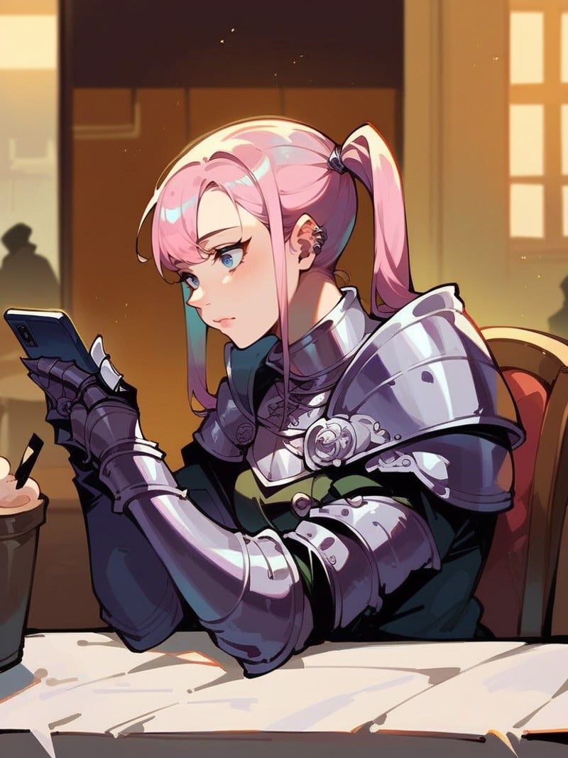 score_9,score_8_up,score_7_up,source_anime,1girl,<lora:knight_surcoat:1>,surcoat,armor,upper body,long pink twintail hair,goth,using smartphone,cafe,sitting on chair,from side,