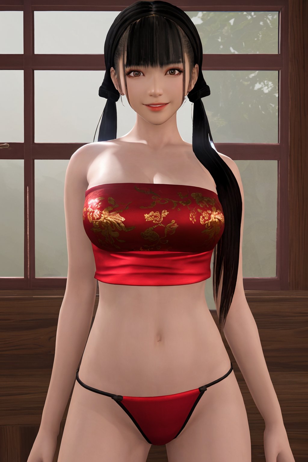 best quality, masterpiece, highres, detailed face, detailed eyes,ultra details, (cowboy shot:1.2), facing viewer, indoors, chinese architecture, window grilles,1girl, suqingli, solo, black hair, long hair, low twintails, blunt bangs, parted lips, smile,barefoot, ankle ribbon, cleavage, tube top, thong, red panties, <lora:suqingli v2-000006:0.6>