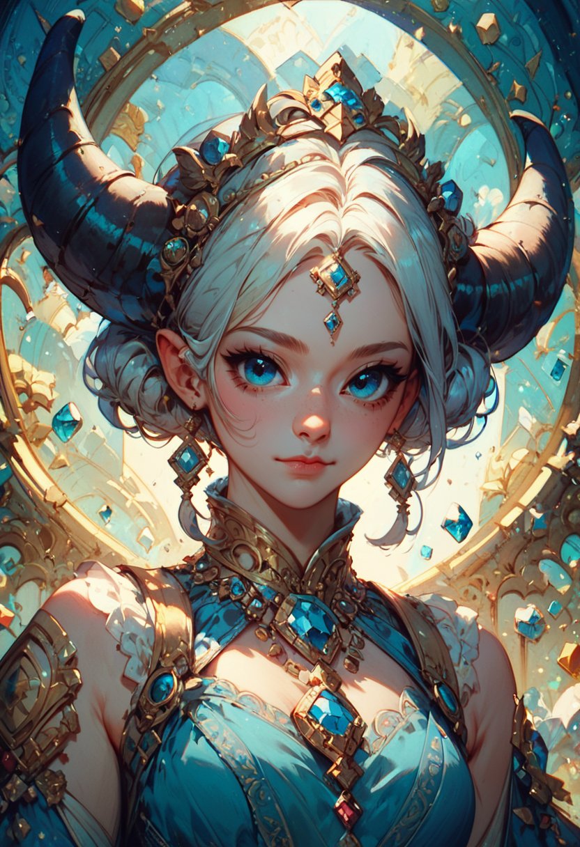 score_9,score_8_up,score_7_up, zPDXL, 1girl, solo, exciting background, dynamic, blue eyes, gem stones, amazing artwork, gems, horns, cute, blue eyes, closed mouth<lora:GN_v1.4:0.9>