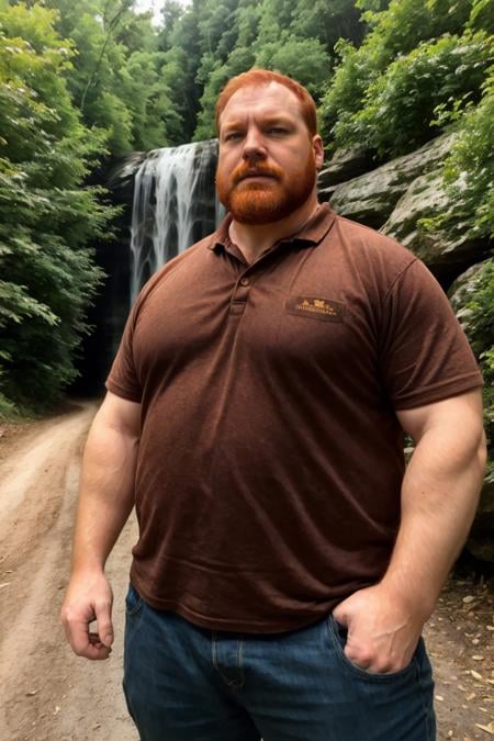 Candid photo of a (large angry Appalachian 40yo dg_Tuck man father:1.1), selfie dark red hair, ginger facial hair, shirt ,  detailed, outdoors,  <lora:dg_Tuck_v1:0.8>