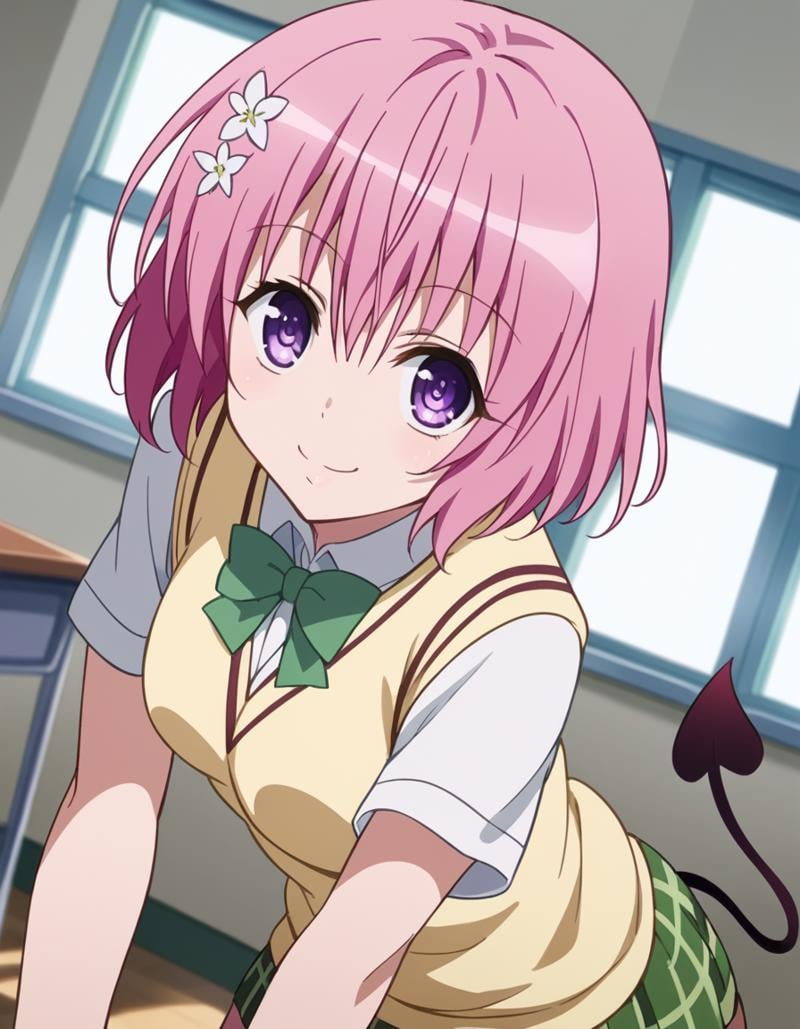 score_9, score_8_up, score_7_up, source_anime,momodeviluke, <lora:momo-deviluke-darkness-ponyxl-lora-nochekaiser:1>,momo deviluke, demon tail, hair flower, hair ornament, purple eyes, pink hair, short hair, tail,demon tail, green skirt, plaid, plaid skirt, sainan high school uniform, school uniform, skirt, sweater vest, thighhighs, yellow sweater, short sleeves, bow, green bow,indoors, classroom, bent over, smile,looking at viewer, cowboy shot, dutch angle, solo,