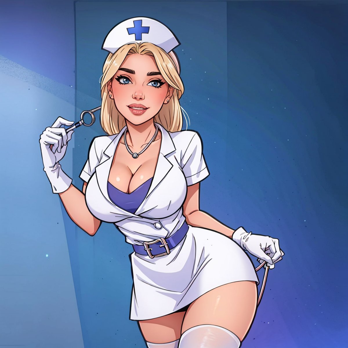 1girl, solo, blonde hair, nurse outfit, sensual, short skirt, cleavage, stockings, white high heels, smiling, hospital setting, detailed, realistic, high quality, soft lighting, seductive pose, nurse hat, white gloves, stethoscope, confident expression, playful, front-view<lora:EMS-382805-EMS:0.800000>