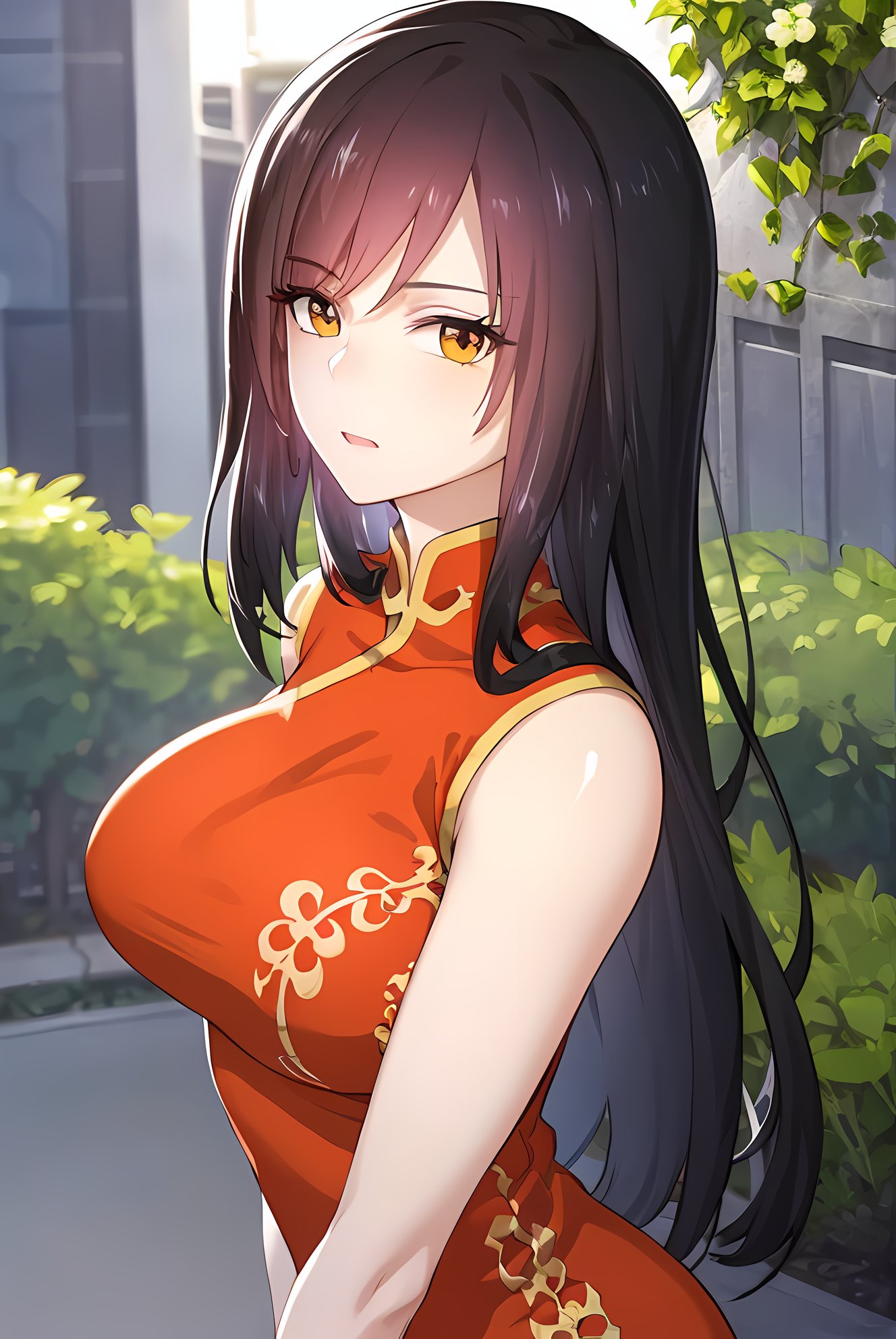 (masterpiece:1.2, best quality), (finely detailed beautiful eyes: 1.2), solo focus,  landscape,  (extremely detailed CG unity 8k wallpaper, masterpiece, best quality, ultra-detailed, best shadow), (detailed background), (beautiful detailed face, beautiful detailed eyes),   1girl, YeChenXi , long hair  ,dress ,  china dress , chinese clothes ,  sleeveless ,large breasts, High contrast, beautiful elegant woman, adult, (best illumination, an extremely delicate and beautiful),(amazing backround, outdoors), looking at viewer,beautiful detailed glow,