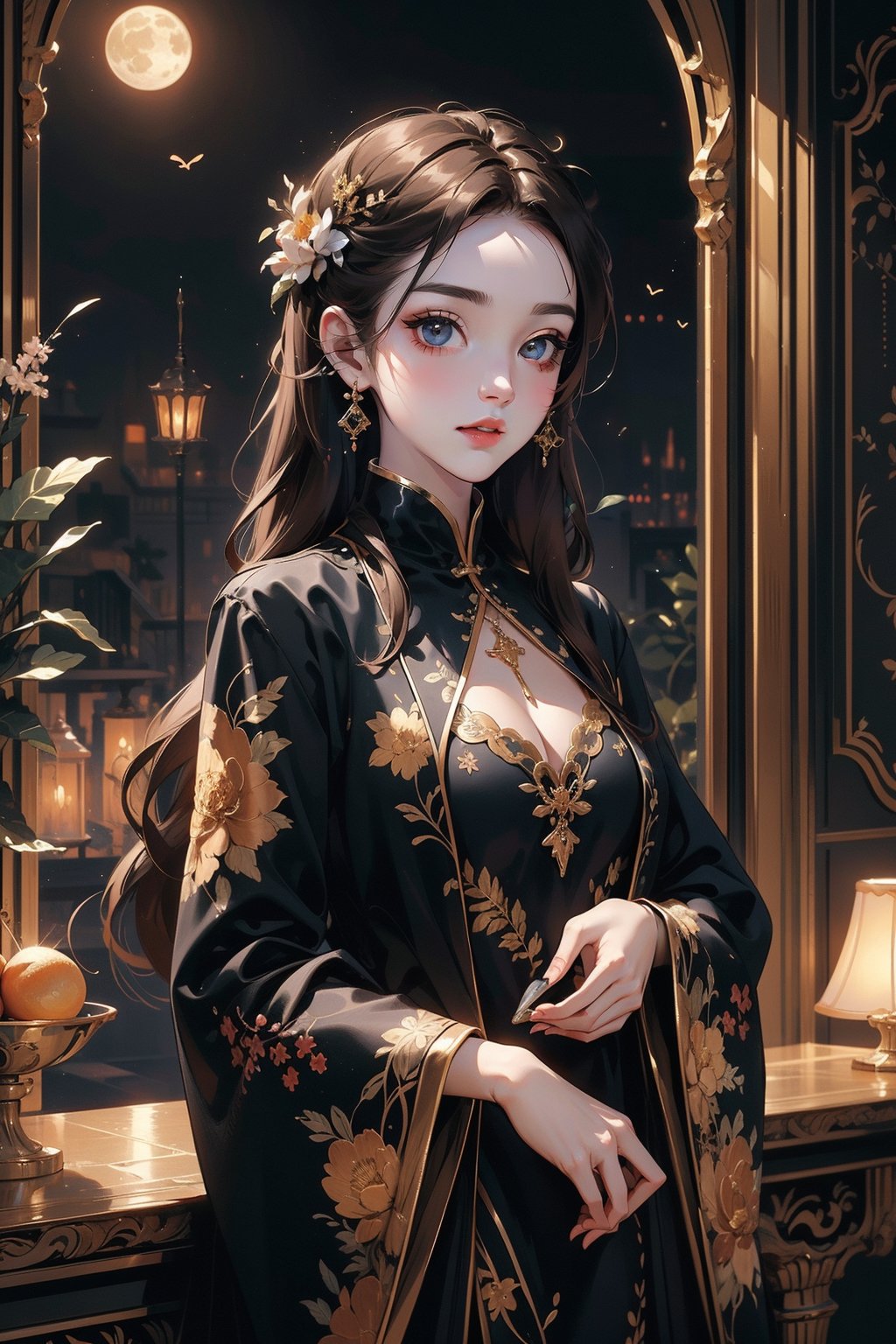 masterpiece,best quality,ultra-detailed,1girl,black theme,gold edge,moon,<lora:md_20230908030551-000004:0.6>,in the classroom,