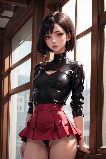 masterpiece, best quality, Ray tracing, hdr, volumetric lighting,1girl, Raven-haired with a sleek bob, almond-shaped brown eyes, and a petite frame, <lora:MicroSkirt_FefaAIart:0.9>, microskirt,naked, pussy