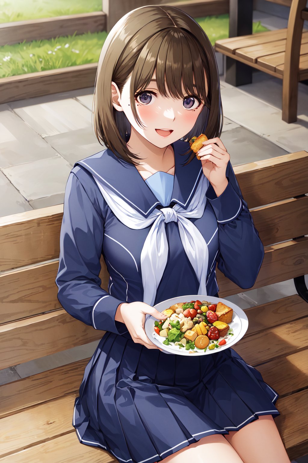 masterpiece, best quality, highres, aanene, short hair, blue serafuku, blue shirt, long sleeves, blue sailor collar, white neckerchief, pleated skirt, blue skirt, <lora:anegasaki_nene_v1:0.7>,  bench, sitting, eating, food, open mouth, smile