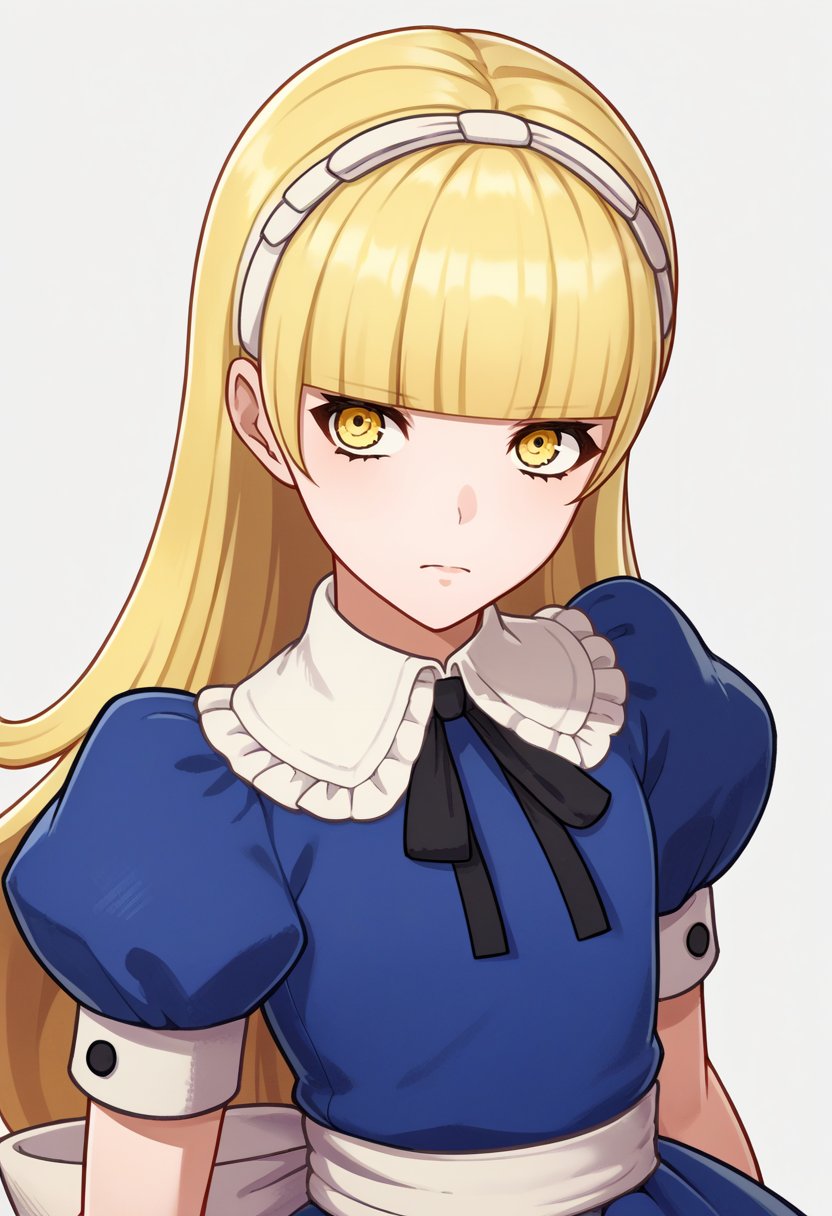 score_9, score_8_up, score_7_up, source_anime BREAK 1girl, solo, <lora:zs_EngagePortraitsXL:1> engageportraits, portrait, white background <lora:zs_AliceXL:1>  alicesmt, dress, long hair, blonde hair, hairband, blunt bangs, puffy sleeves, blue dress, yellow eyes,