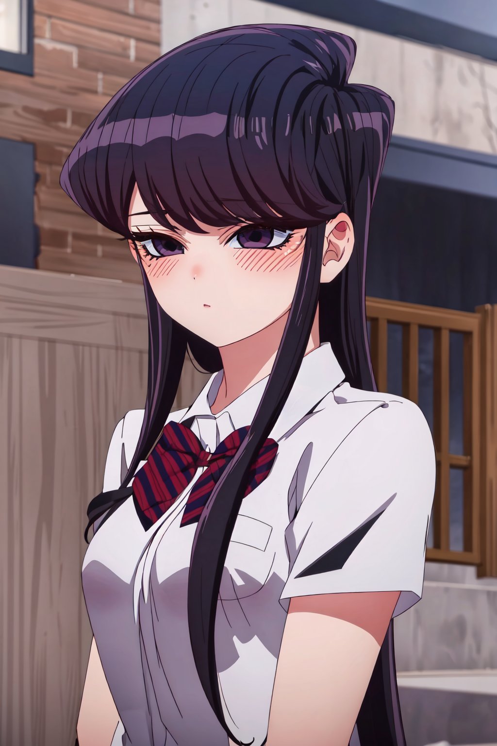 NSFW, ShoukoKomi, Shouko Komi, (8k, high definition), upper body, loose hair, long eyelashes, loose hair, long hair, long sideburns, purple eyeliner, perfect eyes, embarrassed, blushing, high definition, eyes highly detailed, highly detailed, school uniform<lora:EMS-333743-EMS:1.000000>