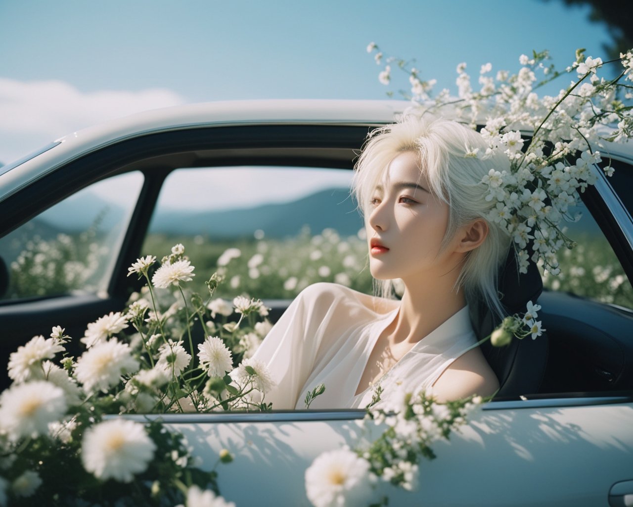 cinematic photo breathtaking ethereal fantasy concept art of cinematic film still,chinese girl,a girl with white hair sitting in car filled with flowers,art by Rinko Kawauchi,in the style of naturalistic poses,vacation dadcore,youth fulenergy,a cool expression,body extensions,flowersin the sky,****og film,super detail,dreamy lofi photography,colourful,covered in flowers andvines,Inside view,shot on fujifilm XT4 . shallow depth of field,vignette,highly detailed,high budget,bokeh,cinemascope,moody,epic,gorgeous,film grain,grainy . magnificent,celestial,ethereal,painterly,epic,majestic,magical,fantasy art,cover art,dreamy,monkren, . award-winning, professional, highly detailed, light master, monkren, sunlight, liu yifei . 35mm photograph, film, bokeh, professional, 4k, highly detailed