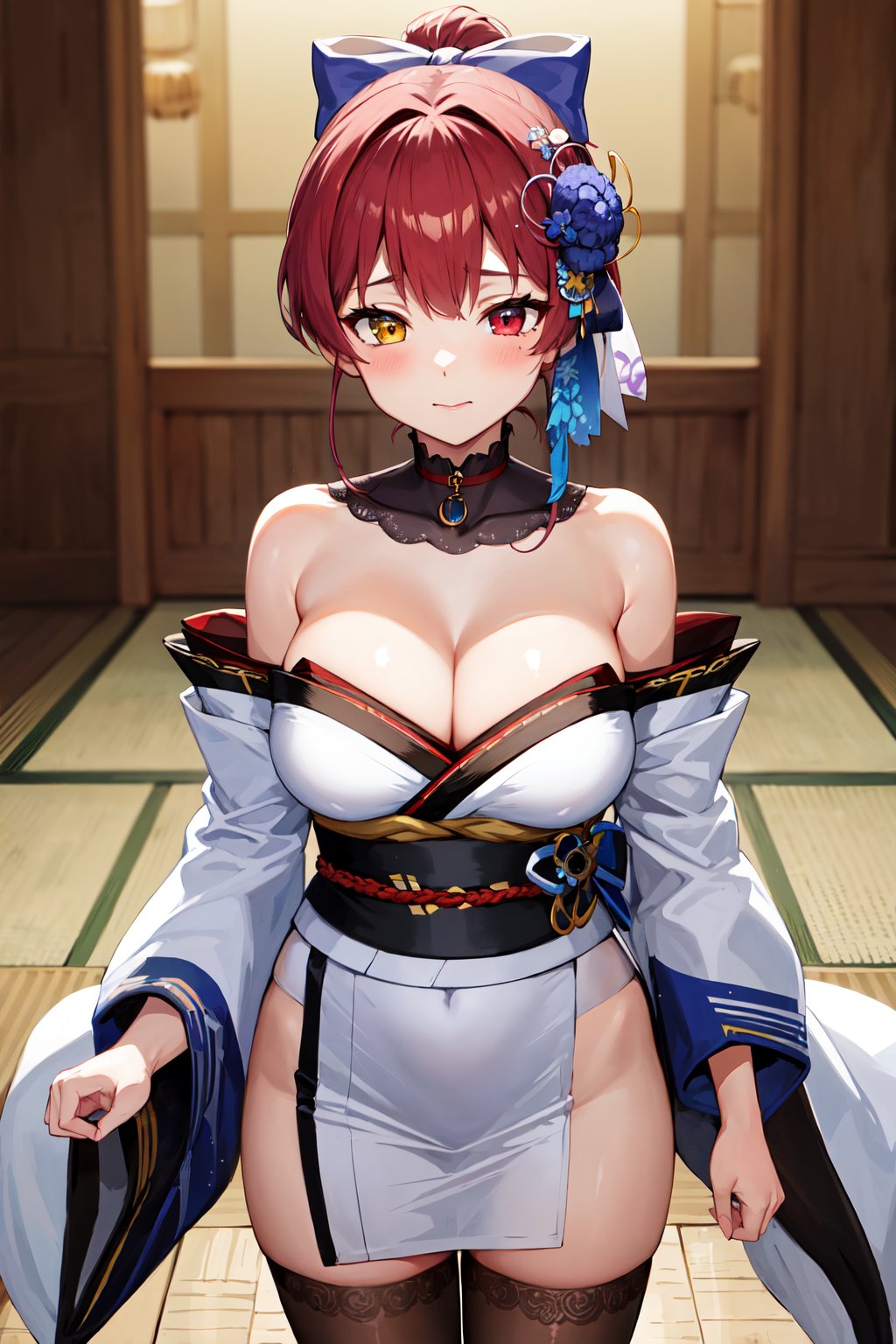 masterpiece, best quality, highres, ccmarine, ponytail, hair bow, hair flower, white bow, heterochromia, detached collar, bare shoulders, off shoulder, cleavage, japanese clothes, white kimono, detached sleeves, wide sleeves, sash, obi, thighhighs, <lora:houshou_marine_v1:0.7>, standing, cowboy shot, arms at sides, 