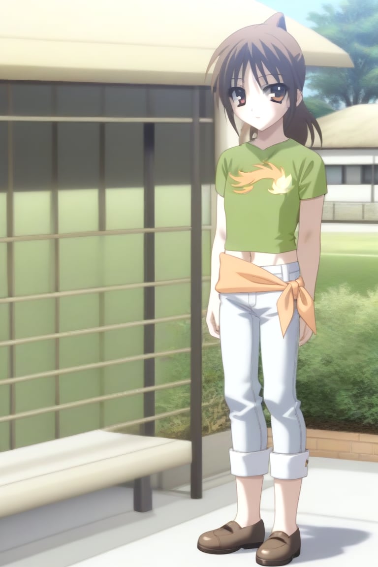 Highly detailed, High Quality, masterpiece, beautiful, source_anime, 1girl, solo, (feminine focus, young woman, 16 years old), Otome Katou, brown hair, brown eyes, medium hair, ponytail, green shirt, navel, midriff, pants, jeans, shoes, looking_at_viewer, front view<lora:EMS-453333-EMS:1.000000>