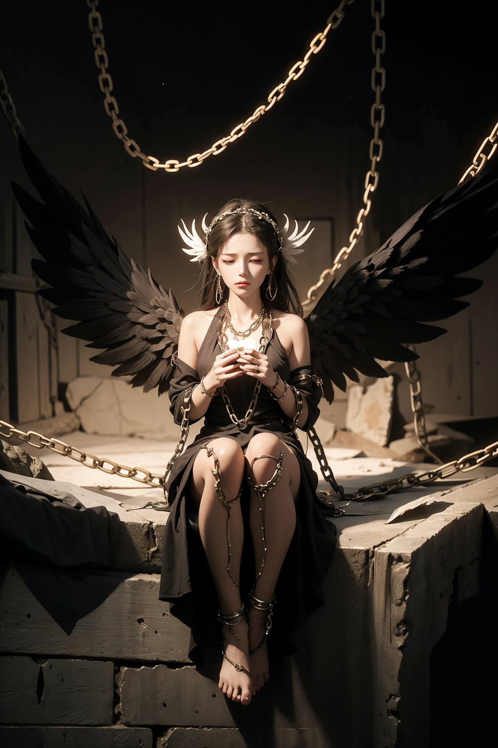 An demon who is at the center of a complex system of chains and mechanisms. His hands and feet are bound with chains,which entangle his body and go somewhere up into the darkness. The angel's face expresses sadness and resignation to fate. His eyes are downcast and his lips are slightly compressed. He seems tired and resigned to his position. The background of the picture is dark and gloomy. It seems that the angel is in some kind of dungeon or cave. The chains that hold the angel look old and rusty,which adds an atmosphere of antiquity and mystery to the picture.,starrystarscloudcolorful,