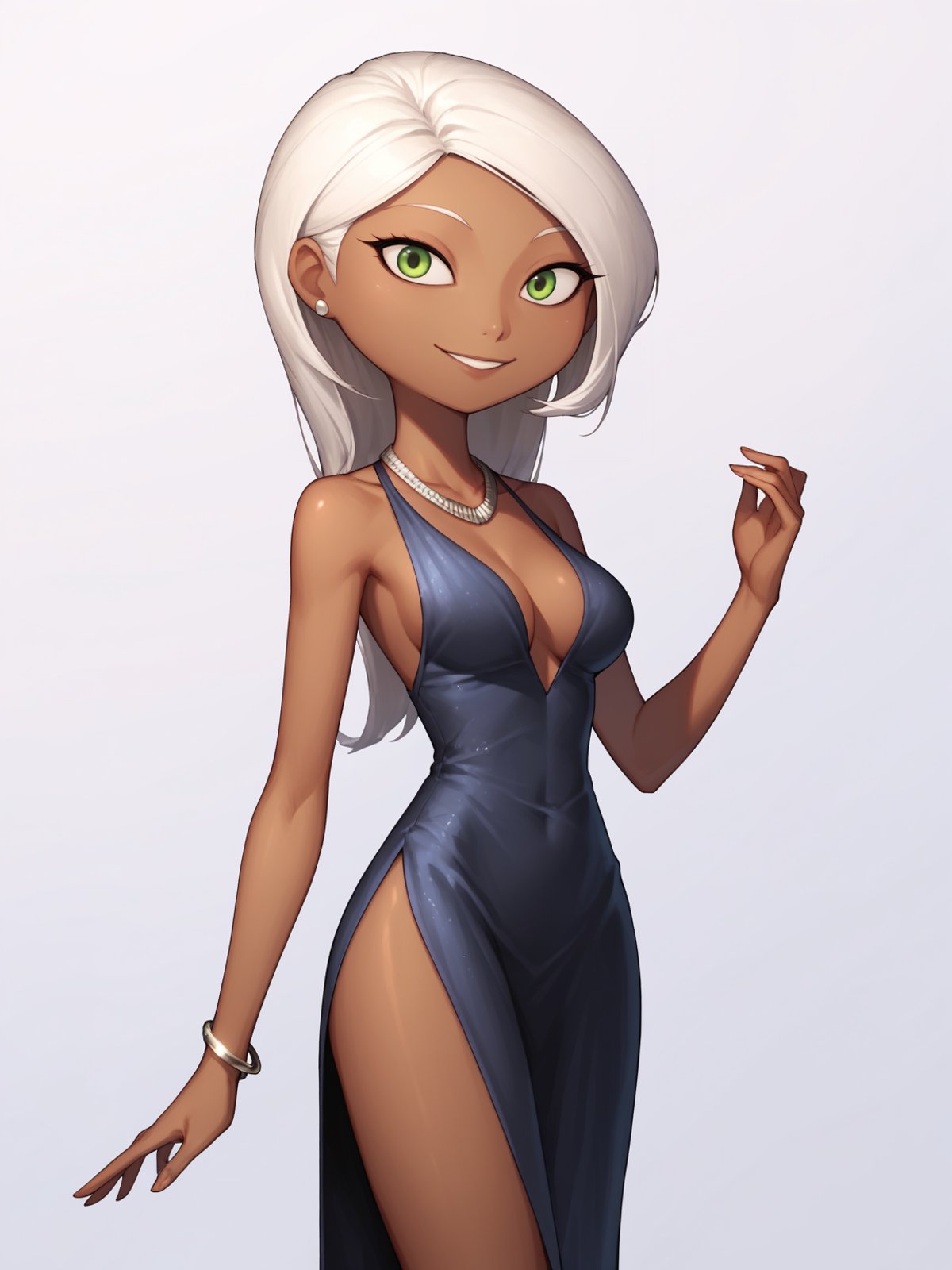 score_9, score_8_up,1girl, mirage, white hair, long hair, green eyes, dark skin, bare shoulders, necklace, bracelet, breasts, black evening gown,  side slit,smile, solo, standing, looking at viewer, simple background, white background    <lora:MirageXLv2:1>