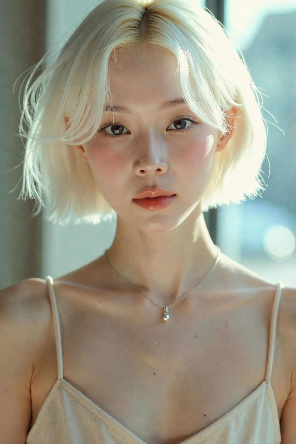 (medium full shot), beautiful girl with platinum blonde short hair wearing sundress, necklace, dslr, soft lighting, high quality, film grain, light reflections, blood vessels, pale skin, skin pores, blood vessels in sclera, detailed skin, beauty spots, skin fuzz,  <lora:Tissue_Winter_Flux_v1.0:1>