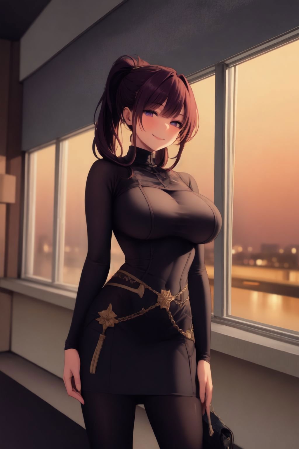 1girl, standing, breasts, mature female, brown hair, ponytail, forced smile, dark purple clothes, in front of large window, cityscape, skyscraper, foggy atmosphere, blurry background <lora:bigsislitbro_cpt_v02.3:1>  <lora:GOT_corporation_style_v01:1> 