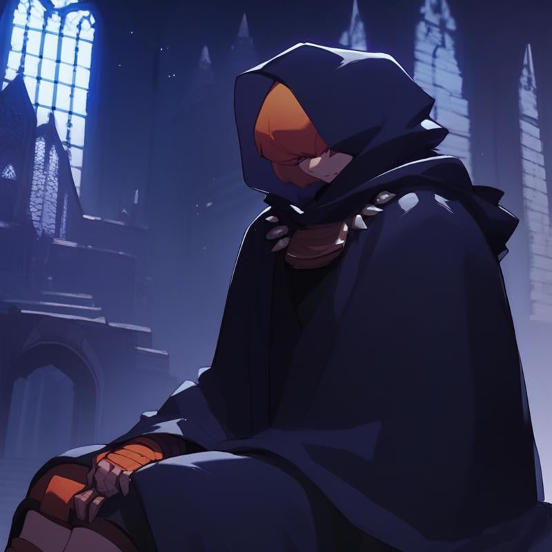 score_9, score_8_up, score_7_up,source_anime,clementine, hood up, robe,sitting, castle view, moonlight,upper body