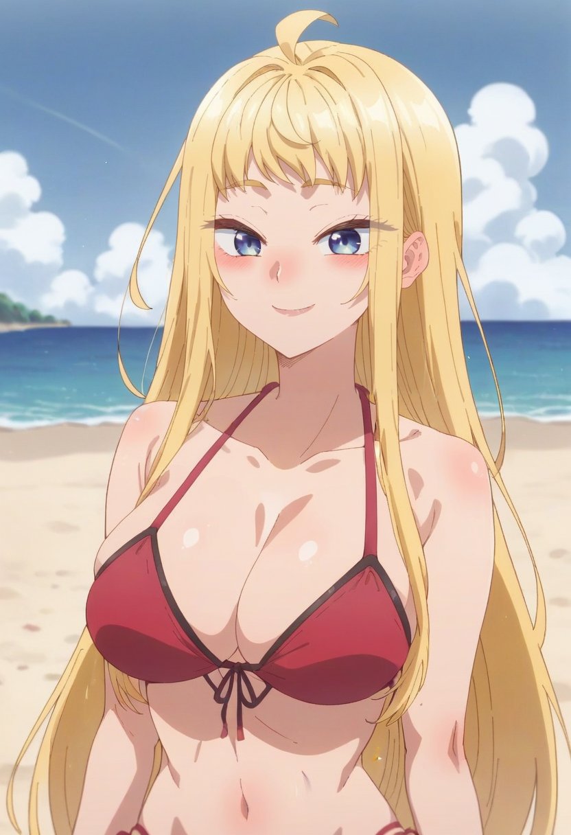 <lora:Fuyuki Minami:1> minami fuyuki,  long_hair, blue_eyes, bangs, blonde_hair, ahoge, 1 girl, solo, blush, large_breasts,smile, red bikini, beach, score_9, score_8_up, score_7_up, score_6_up, score_5_up, score_4_up ,BREAK source_anime, anime