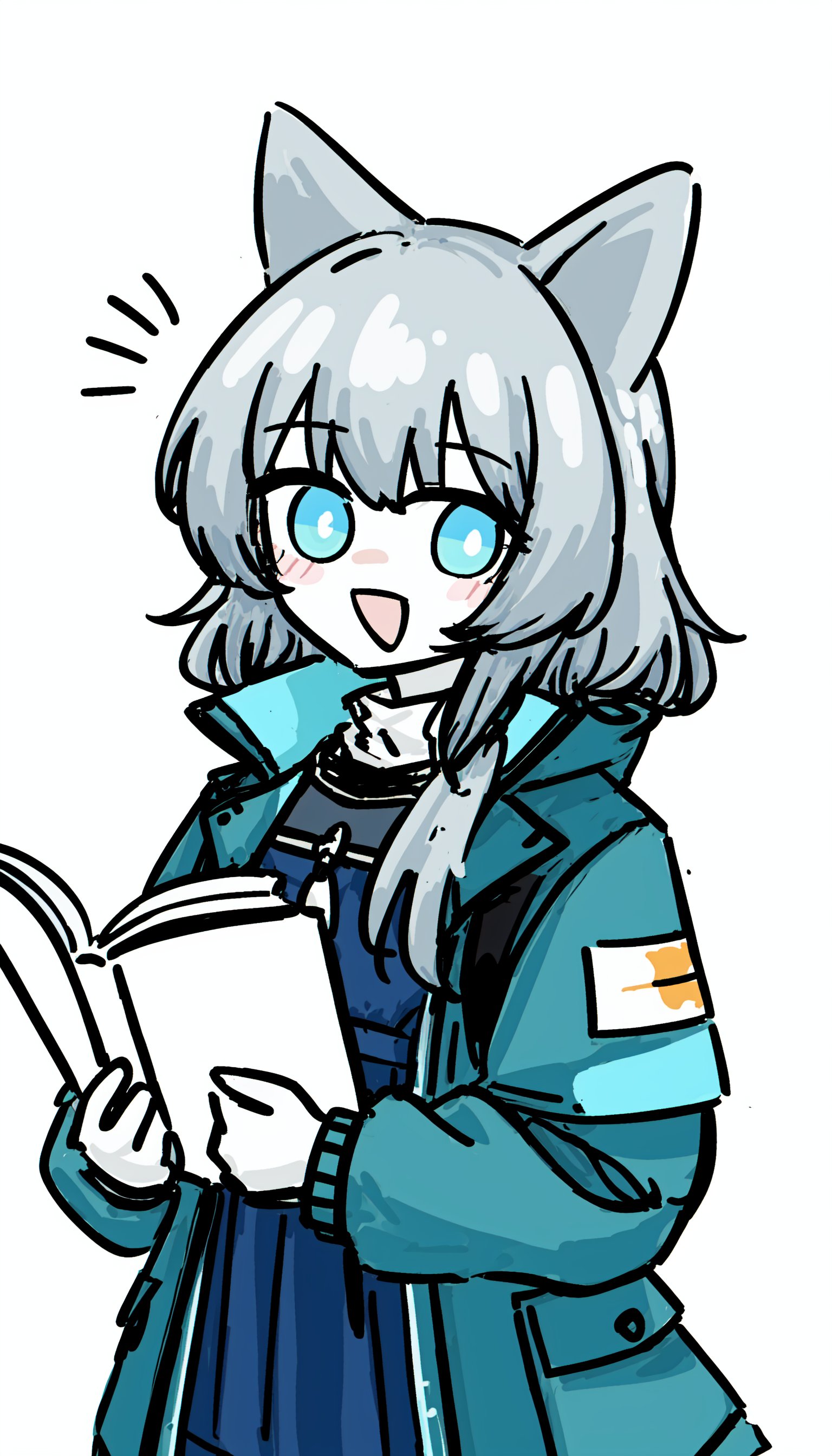 1girl, holding, solo, jacket, simple background, white background, animal ears, black jacket, long hair, cat ears, open jacket, open clothes, upper body, smile, :d, grey hair, blue eyes, long sleeves, open mouth, looking at viewer, holding book, chibi, white dress