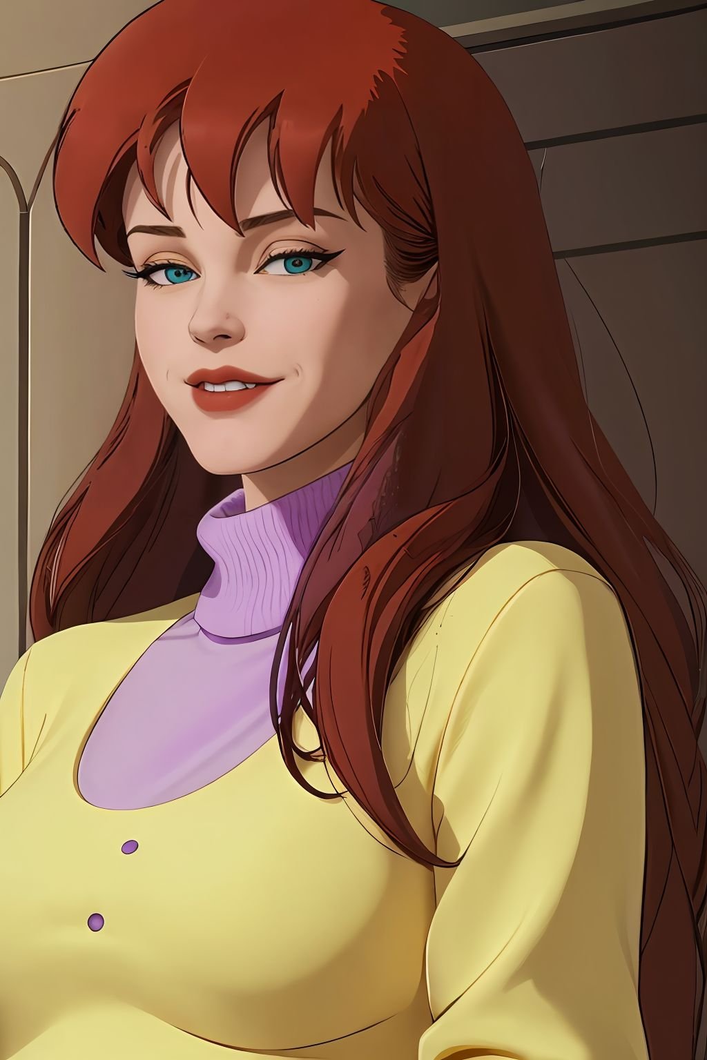 absurdres, mary jane watson, upper body, yellow sweater with purple turtleneck <lora:Mary Jane Watson_v1:1>