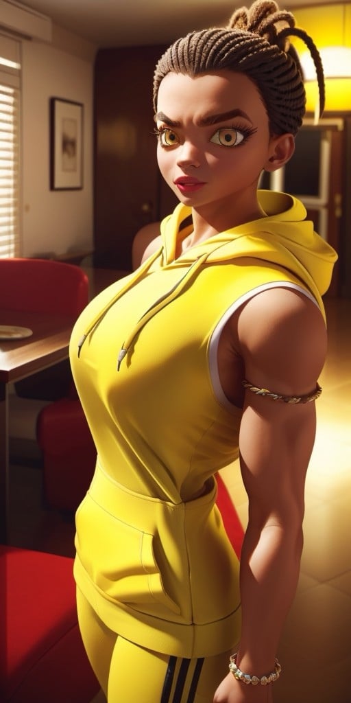 Hyperrealistic, photorealistic, super detailed, (((yellow hoodie))), yellow pants, orangeish black hair, hair is in dreadlocks in a high ponytail style, vivid amber eyes, left eyebrow has what appears to be a slit going through it, beauty mark underneath her right eye, body like in real life, large pores, muscular, brown-skinned, beautiful arms, fingernails are painted with black nail polish, medium breasts, unreal engine, octane render, droped shadow, bokeh, cinematic lighting, <lora:add_detail:0.5>, <lora:Volumetric_lighting:0.6>, , <lora:cc882da8-fed4-404f-a239-f3a7e96e7b73:0.7>